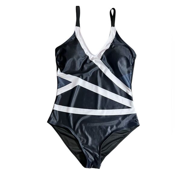 One piece swimsuit Black White V Neck Adjustable Straps Size Medium - Picture 2 of 16